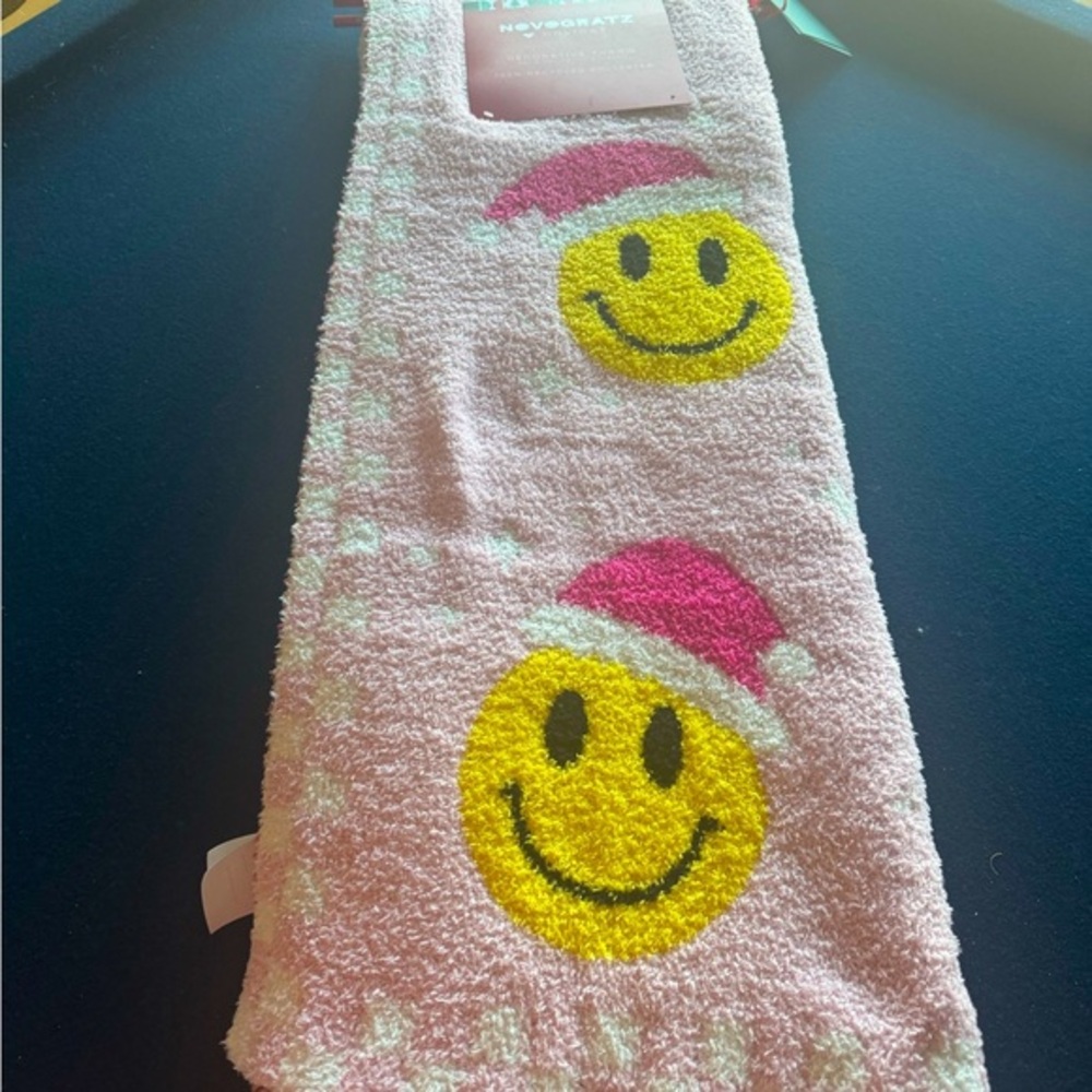 Pink smiley face Santa hat comfy cozy throw with checkerboard edge- perfection!